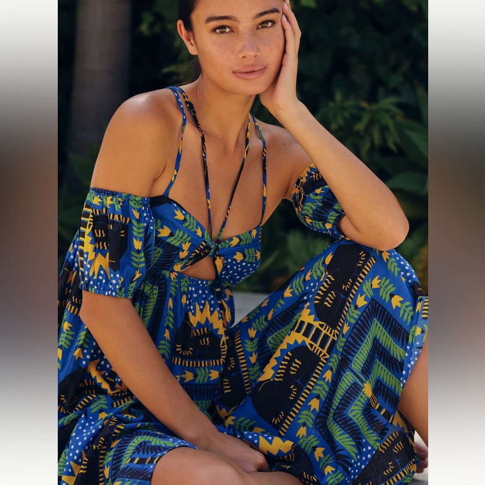 NWT ANTHROPOLOGIE JOAO INCERTI STRAPPY BANDEAU FLOWY MIDI DRESS BLUE